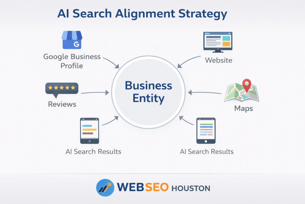 AI Search Alignment Strategy framework showing how businesses are evaluated and selected by AI-driven search engines