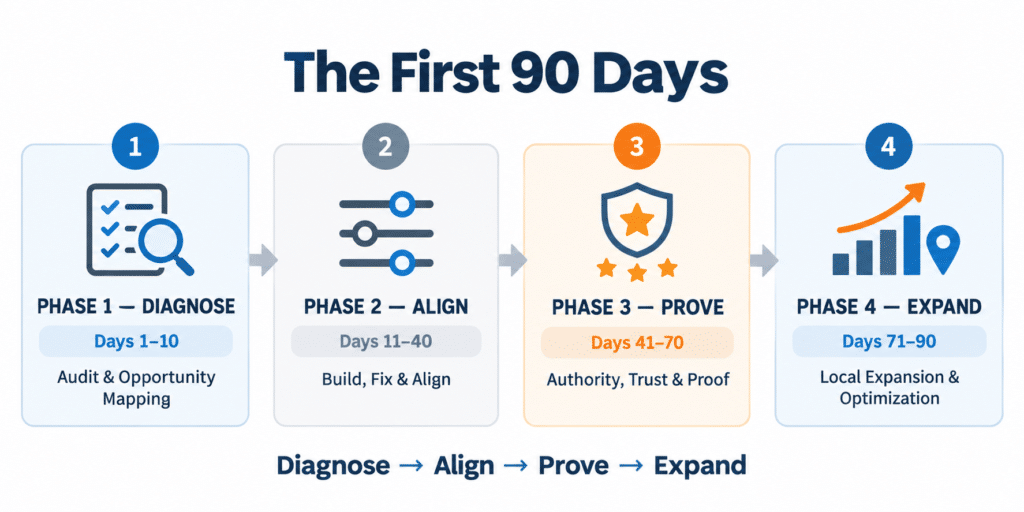 Four-phase 90-Day Local SEO Framework showing Diagnose, Align, Prove, and Expand