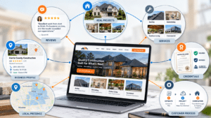 Construction SEO Trust Signals supported by project photos, reviews, services, Google Business Profile, credentials, local presence, and customer process
