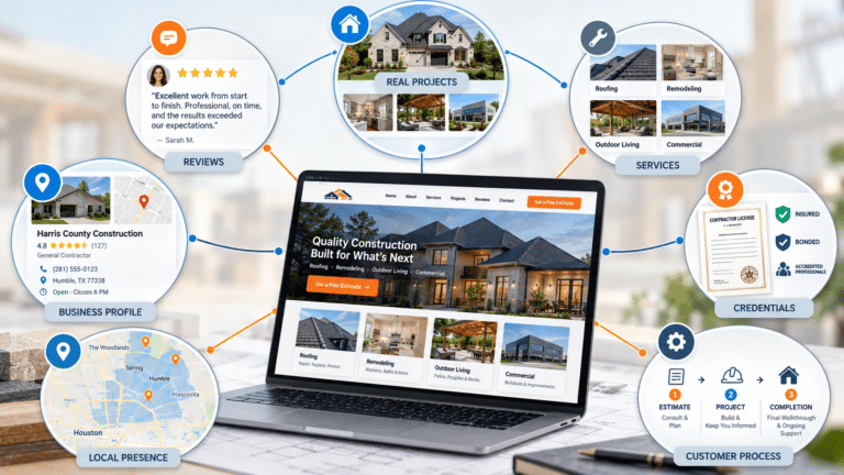 Construction SEO Trust Signals supported by project photos, reviews, services, Google Business Profile, credentials, local presence, and customer process