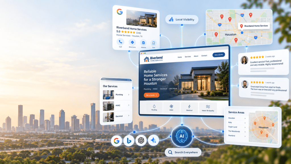 Local First SEO strategy for Houston service-area businesses showing website, Google Business Profile, Maps, reviews, and local visibility signals.