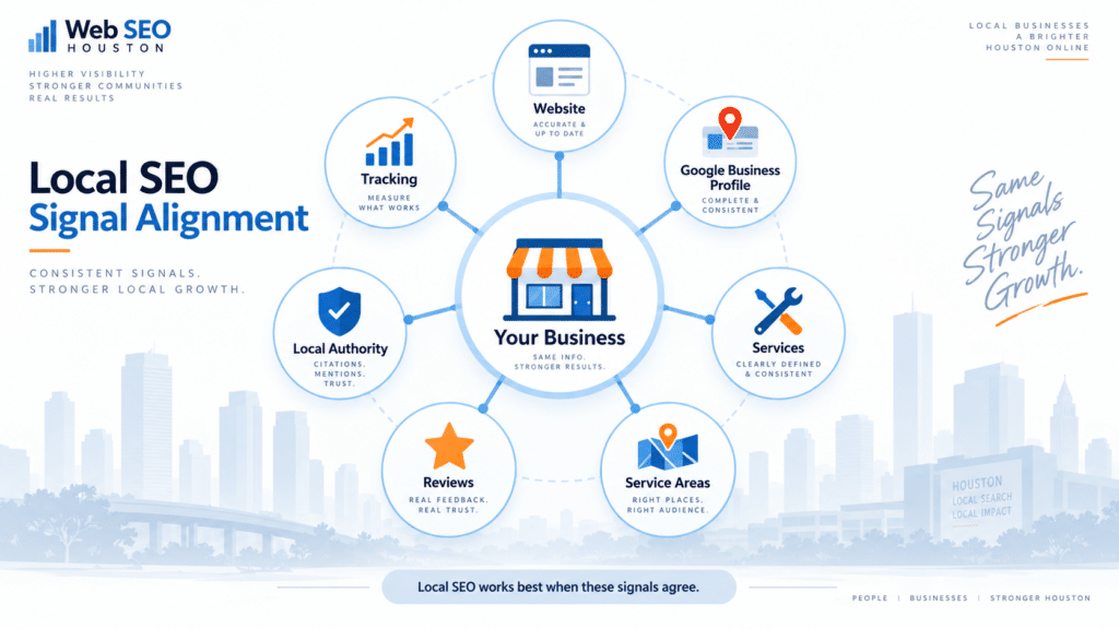 Local SEO signal alignment between website, Google Business Profile, services, reviews, and local authority