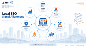 Local SEO signal alignment between website, Google Business Profile, services, reviews, and local authority