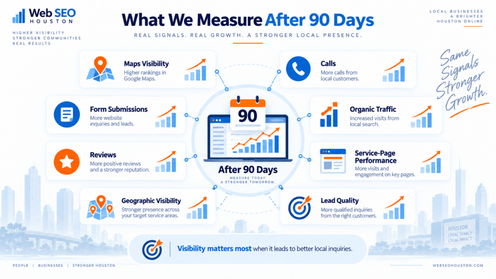 Local SEO performance measurement showing Maps visibility, calls, traffic, reviews, and leads